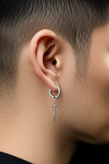 Lynare Sıkıştırmalı Deliksiz Kılıç Model Sallantılı Erkek Kadın Unisex Çelik Gri Küpe Ear Cuff 1 Adet