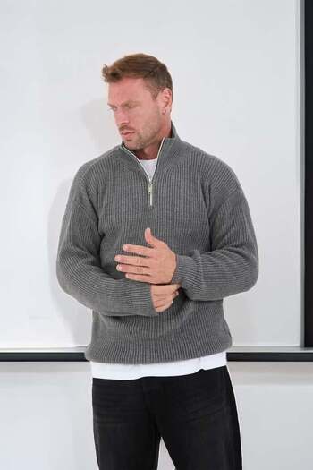 Valiberta Nolan Oversize Thessaloniki Knit Half-Zip Men's Knitwear Sweater - Smoked