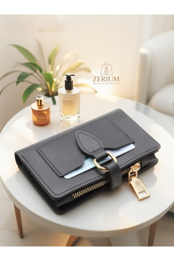 ZERİUM Horizontal Minimalist Multi-Compartment Pu Leather Trendy Women's Card Holder & Wallet
