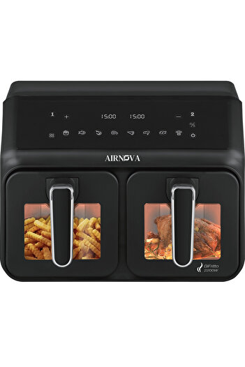 Airnova Air fryer AIRNOVA® BiFritto 2200W, Friteuza cu aer cald, Capacitate 9.4L, 2 compartimente, Negru