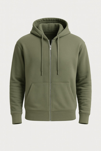 Valiberta Plush Inside Three Yarn Fabric Oversized Zippered Hooded Sweatshirt - Hunter Green