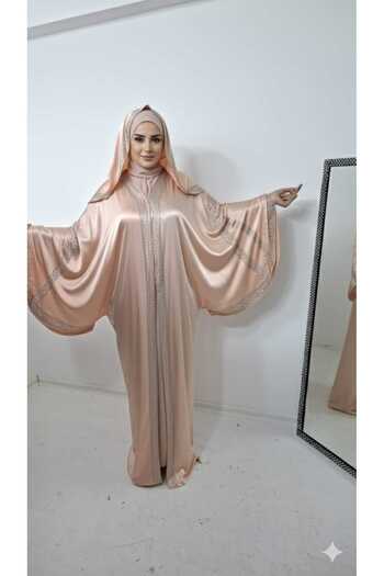 GigiTex Hijab Dubai Stylish and High Quality Satin Jan Jan Stone-Set Salmon Color Abaya Ferace Standard Size 40-44