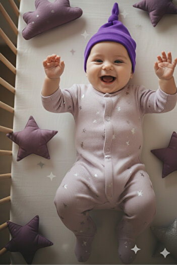 Babygiz Yenidoğan Kız Erkek Bebek %100 Pamuklu Penye Extra Yumuşak Hafif Terletmez Bere Mor