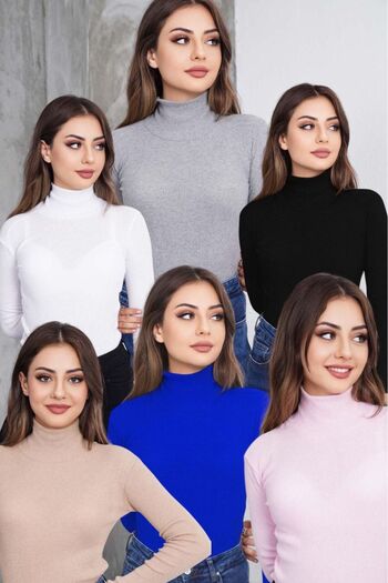 bykombincim Unisex 6-Pack Black White Beige Gray Saks Pink Cotton Turtleneck Twill Slimfit Turtleneck Sweater