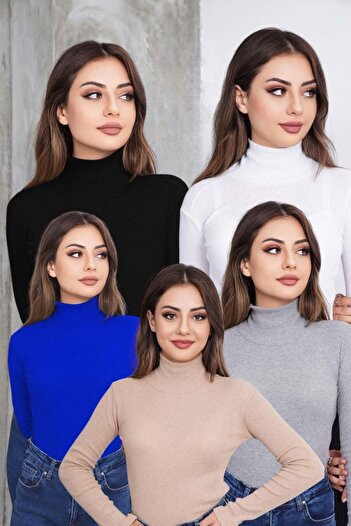 bykombincim Unisex 5-Pack Black White Beige Gray Saks Cotton Turtleneck Twill Slimfit High-Rise Sweater