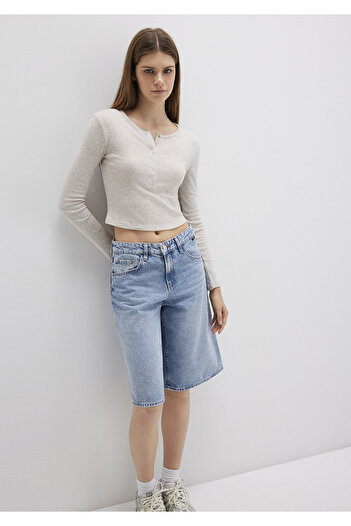 Mavi Button Detailed Long Sleeve Beige Crop Basic T-Shirt Crop / Short Cut 1613403-80084