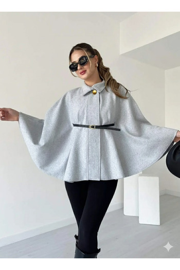 MissPul Kemerli Gol Düğmeli Kaşe Poncho Cape Jacket