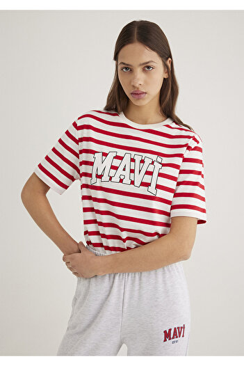 Mavi Rot gestreiftes T-Shirt mit Logo-Print, normale Passform / normaler Schnitt 1611360-84475