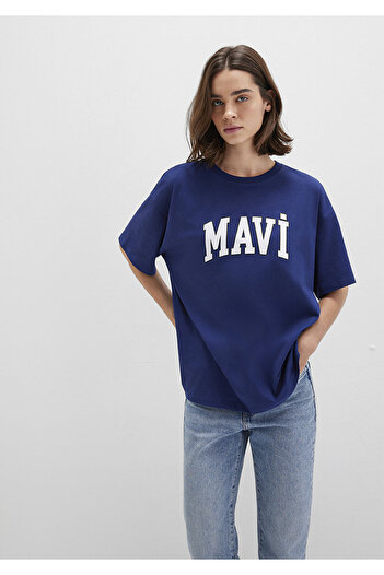 Mavi Marineblaues T-Shirt mit Logo-Print, Übergröße/weiter Schnitt 1600843-70722