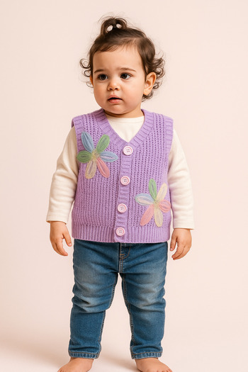 Nimini Kids New Season Flower Detailed Buttoned Knitwear Thessaloniki Knitted Baby Girl Children's Vest (0-8 Years)