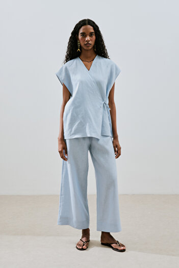 Manuka Linen Tie Trousers Blue