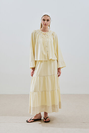 Manuka Textured Embroidered Fold Long Skirt Yellow