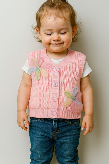 Nimini Kids New Season Flower Detailed Buttoned Knitwear Thessaloniki Knitted Baby Girl Children's Vest (0-8 Years)
