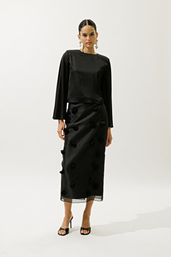 Manuka Flower Applied Pencil Skirt Black