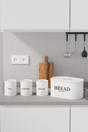 hemlife 4-Piece Bread Set Metal Cover Tea Coffee Sugar Countertop Cabinet Set White/White