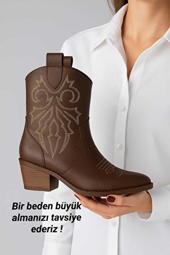 Macelife Kahve Nakışlı Kadın Kovboy Bot