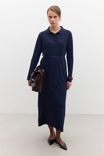 Manuka Navy Blue Knitwear Dress - Collared Design