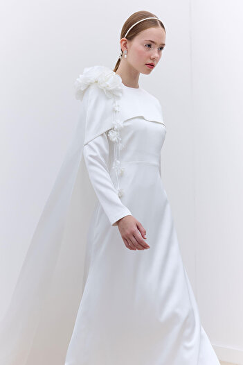 Manuka Ecru Evening Dress with Cape and Floral Detail
