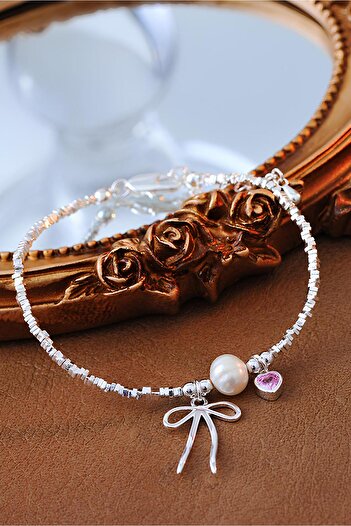 The Collection Pink Heart Detailed Pinterest Pearl Stone Princess Steel Bracelet with Bow Ribbon