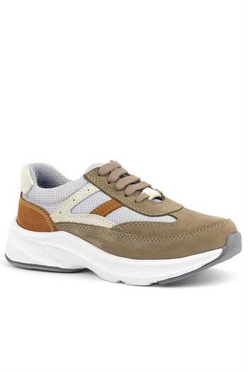 Rakerplus Genuine Leather Anatomical Sand Color Laced Lightweight Children's Sports Shoes