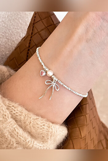 The Collection Pink Heart Detailed Pinterest Pearl Stone Princess Steel Bracelet with Bow Ribbon