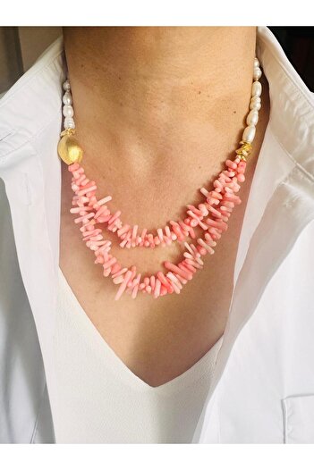 DEVİ fashion Gerçek Inci Ve Pembe Mercan Doğal Taş Kolye