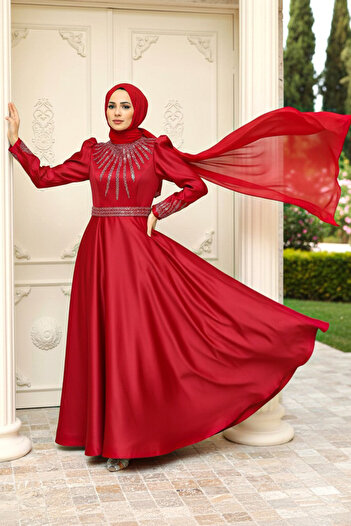 Neva Style Beaded Burgundy Satin Hijab Evening Dress 22840Br