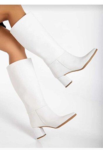 DS AYAKKABI Women's White Below Knee High Heel Boots - Miss Solles Without Zipper