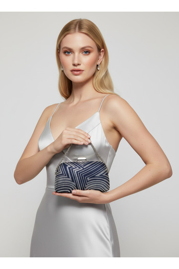 Biçanta Navy Blue and Silver Color Stone Pearl Detailed Chain Handle Women Evening Dress Bag Wedding Engagement Graduation