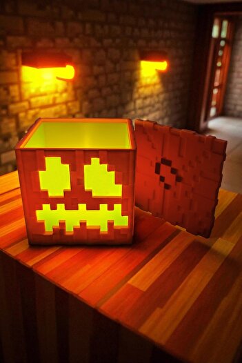 Vaiflagy Store Minepixel Bal Kabağı (Pumpkin) Pilli Mum Işıklı (Tealight) Dekoratif Gamer Halloween Masa Lambası