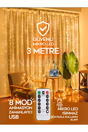 Unichrome Kumandalı 8 Ayrı Moda Sahip 3x3M 300X300Cm Perde Led 10 Saçaklı Sarkıtlı 300 Led Gün Işığı Düz Askı