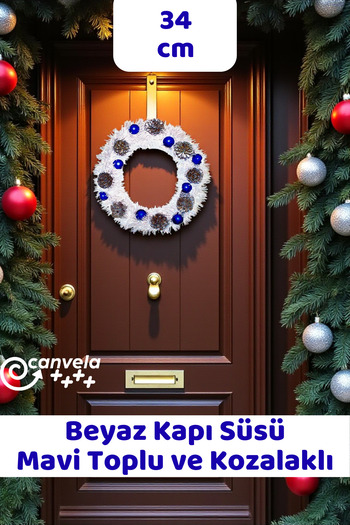 CANVELA 34 cm Premium Luxury White Door Ornament with Blue Ball and Pine Cones