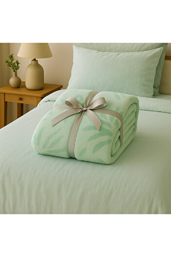 Elega Decor Jacquard Flannel Blanket – Single (150x200 cm) | Knitted Leaf Embossed | Soft & Cozy Light Green|