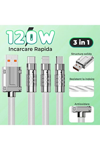 Timebox Cablu de date și încărcare rapidă, 3 în 1, 120W, QC 3.0, USB, USB-C, Lightning, 1,2m, alb