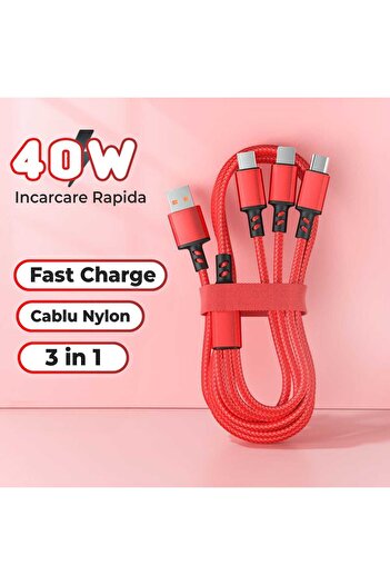 Timebox Data and Fast Charging Cable, 3 in 1,40W, QC 3.0, USB, USB-C, Lightning, 1.2m, Red