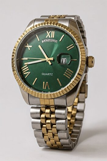 Eyiser Store Men's Steel Wristwatch - Emerald Green Roman Dial, Dual Calendar, Gold and Silver Band - Special Boxed