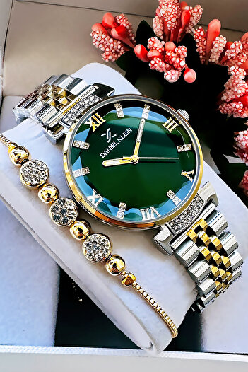Daniel Klein Stoned Case Waterproof Women Wristwatch Gold Gumus Green Color Steel Cord Gift Bracelet Dkby2042C3