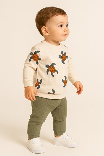 dinamik çocuk Baby 2-Piece Set Unisex |   Caretta Turtle Patterned Ribbed Sweatshirt + Bottom / 3-6-9-12 Months