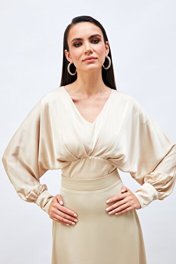 Sateen Bluză din satin cu mâneci largi - Stone