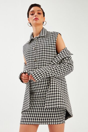 Sateen Houndstooth Mini Skirt - Black