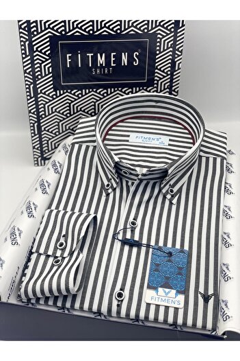 Fitmens Slim Fit Long Sleeve Lycra Striped Collar Buttoned Gift Boxed Men's Shirt Fs-003669 - Dark Gray