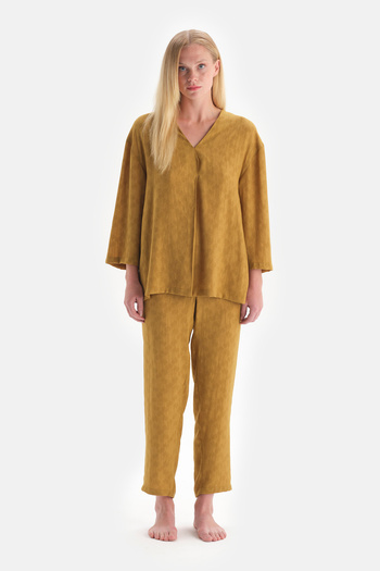 Dagi Mustard Long Sleeve Collar Jacquard Pajama Set
