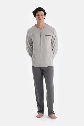 Dagi Light Gray Half Placket Long Sleeve Triple Pajamas Set