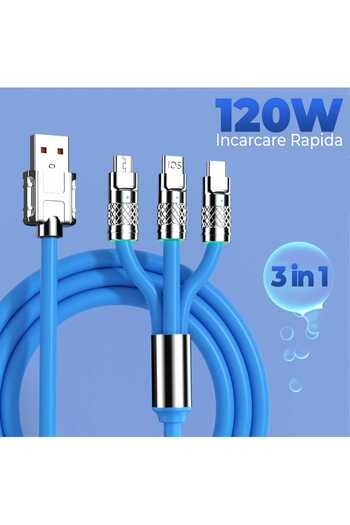 Timebox Cablu de date și încărcare rapidă, 3 în 1, 120W, QC 3.0, USB, USB-C, iluminare, 1,2 m, albastru