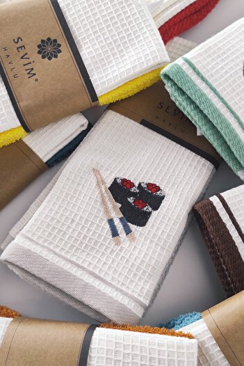 Sevim Kitchen Towel Set of 2 - Light Grey & Sushi Figured - 100% Cotton 40X60 cm