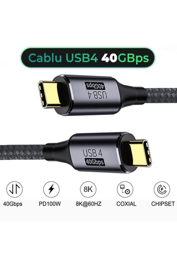 Timebox Cablu de date și încărcare rapidă, USB 4, 100W, 40Gbps, Type-C la Type-C, 8K, 4K, 60Hz, 1.2m