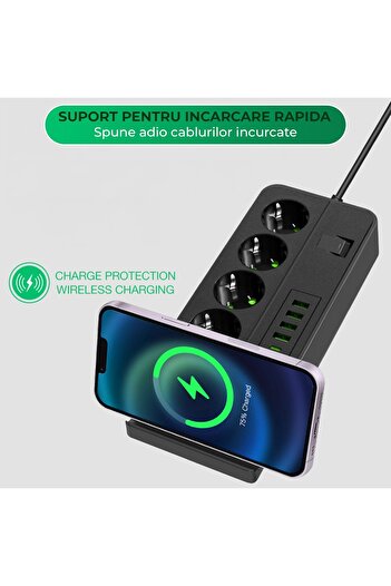 Timebox Priză standard cu întrerupător 3000W, 4 x USB, 2 x Tip-C, 4 prize, Stație telefonică wireless, 2m, Negru
