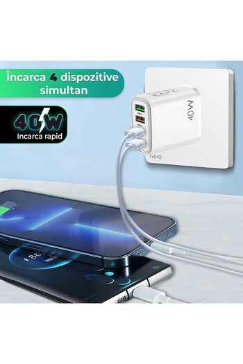Timebox Încărcător de rețea, 4 porturi, încărcare rapidă 40W, 2 x Tip-C, 2 x USB, alb