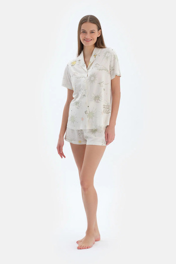 Dagi Ecru Cloud Print Shirt Shorts Pajama Set