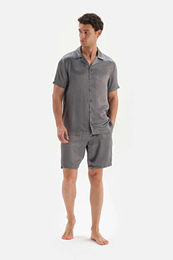 Dagi Gray Short Sleeve Jacquard Satin Groom Pajama Set